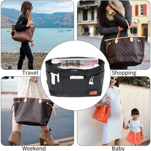 Black Purse Organizer Insert with Zipper Medium Nylon Tote Handbag Organizer - Picture 4 of 8